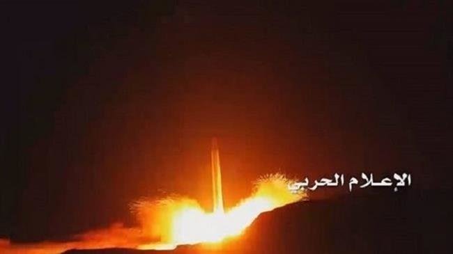 The undated photo, provided by the media bureau of Yemen’s Operations Command, shows a Yemeni missile shortly after launch.
