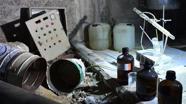 File photo of a laboratory used by militants to produce chemical agents and explosives in the Damascus suburb of Douma. (Photo by Sputnik)
