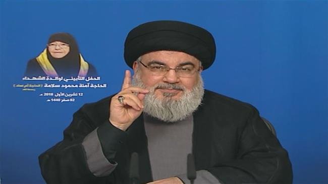 The secretary general of the Lebanese Hezbollah resistance movement, Sayyed Hassan Nasrallah, addresses his supporters via a televised speech broadcast from the Lebanese capital city of Beirut on October 12, 2018.
