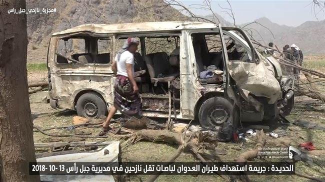 This picture, provided by the media bureau of Yemen’s Houthi Ansarullah movement, shows the aftermath of a Saudi airstrike against Gabal Ras area in Yemen’s western coastal city of Hudaydah on October 13, 2018.
