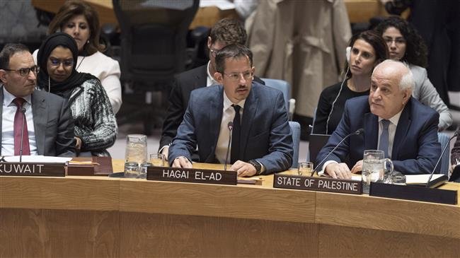 Picture taken on October 18, 2018 shows the head of Israeli rights group B’Tselem, Hagai El-Ad (C) addressing a UN Security Council meeting.
