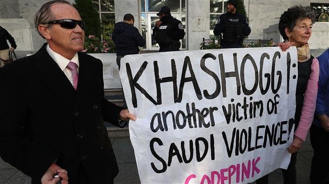 US protesters gather in front of the Saudi Arabian Embassy in Washington as they call for justice in the killing of Saudi journalist Jamal Khashoggi, on October 25, 2018. (Getty Images)
