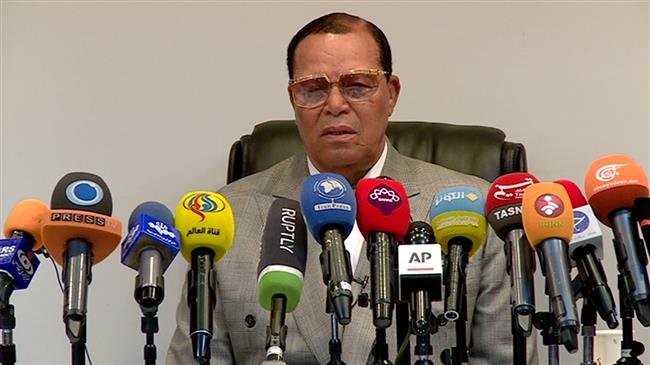 Video grab of Nation of Islam leader, Louis Farrakhan, addressing a press conference at Press TV