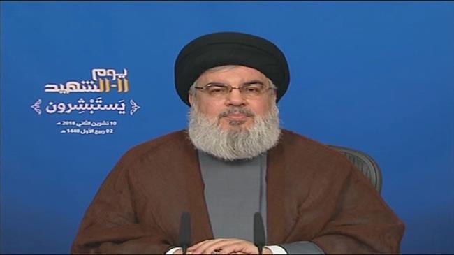 The secretary general of the Lebanese Hezbollah resistance movement, Sayyed Hassan Nasrallah, addresses his supporters via a televised speech broadcast from the Lebanese capital Beirut on November 10, 2018.

