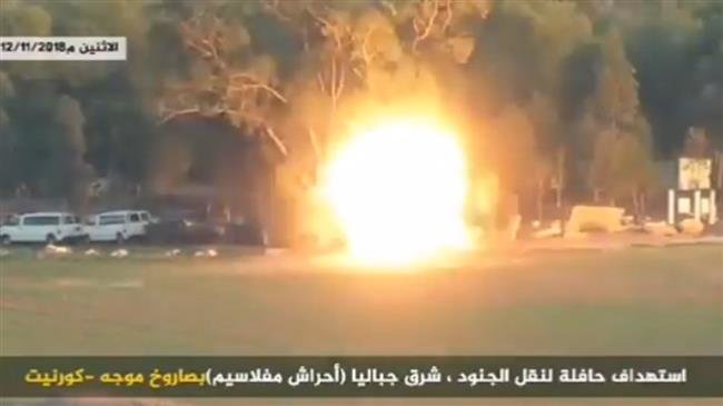 Frame grab from footage released by Hamas on November 13, 2018 shows the Palestinian resistance movement’s guided-missile counterstrike against a bus carrying Israeli forces.
