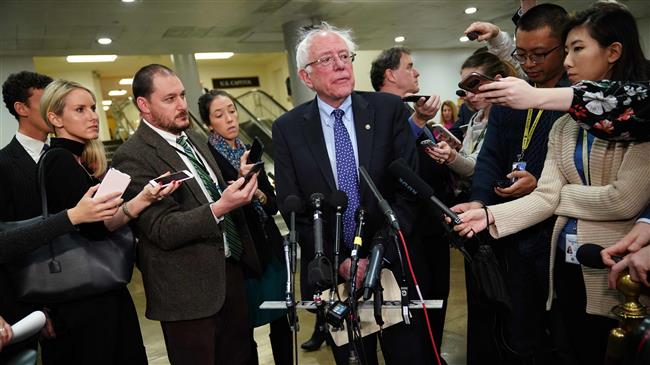 Vermont Independent Senator Bernie Sanders speaks to reporters at the US Capitol in Washington, DC on November 28, 2018.
