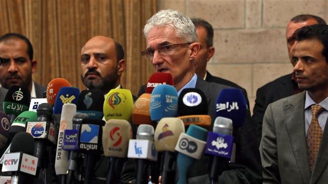 UN Under-Secretary General for Humanitarian Affairs and Emergency Relief Coordinator Mark Lowcock speaks to the press in the Yemeni capital Sana