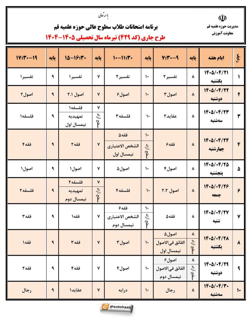 برنامه امتحانات طلاب سطوح عالی حوزه علمیه قم در تیرماه اعلام شد برنامه امتحانات طلاب سطوح عالی حوزه علمیه قم در تیرماه اعلام شد